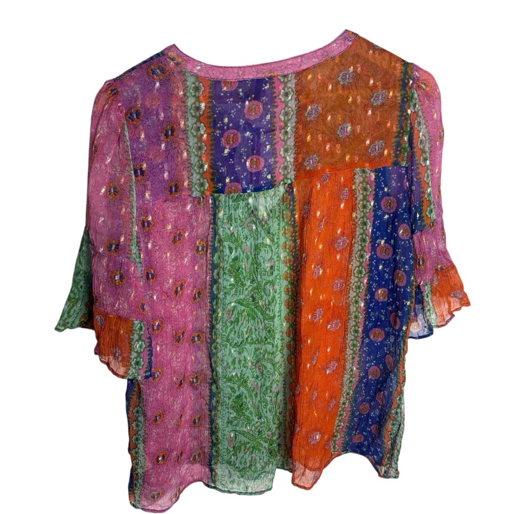 Boho Patchwork Floral Peasant Blouse - Pink, Green, Orange - Picture 3 of 7